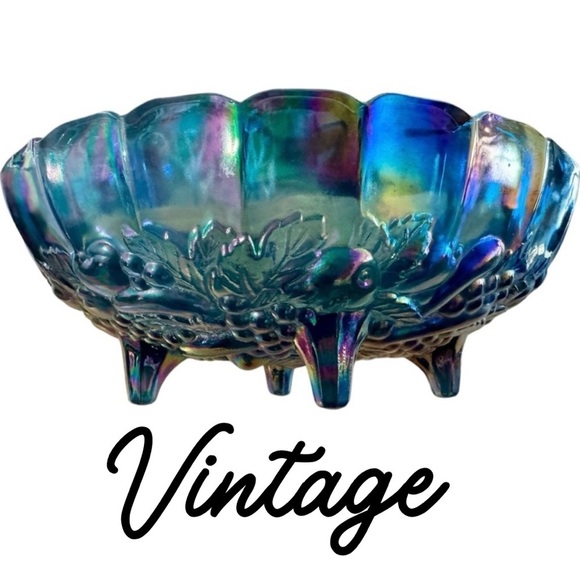 Indiana Glass Other - Vintage Indiana Glass Blue Carnival Glass Footed Oval Bowl Harvest Fruit 1950s